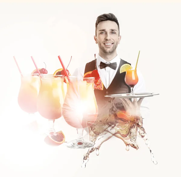 Collage Handsome Male Bartender Cocktails White Background — Stock Photo, Image