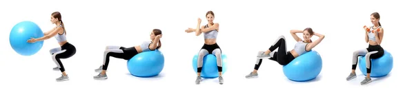 Set Sporty Young Woman Training Fitball White Background — Stock Photo, Image
