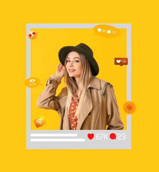 Fashionable Young Female Blogger Yellow Background — Stock Photo, Image