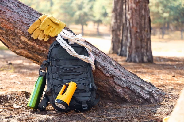 Tourist Backpack Survival Kit Forest — Stock Photo, Image