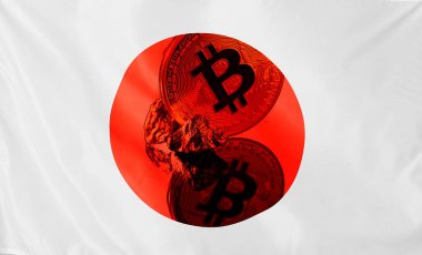 Bitcoins kolajı, altın külçeleri ve Japonya bayrağı