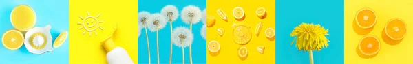 Summer Collage Tasty Citrus Juices Dandelion Flowers Sunscreen Colorful Background — Stock Photo, Image