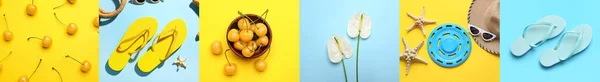 Colagem Verão Acessórios Praia Elegantes Com Cerejas Doces Flores Antúrio — Fotografia de Stock