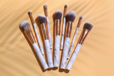 Bej arka planda mermer makyaj fırçaları ve palmiye yaprağı gölgesi