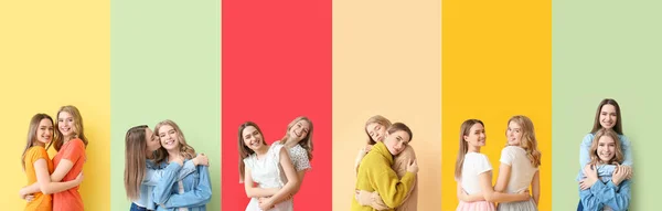 Collage Med Kramande Systrar Färgglad Bakgrund — Stockfoto