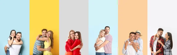 Collage Mit Umarmenden Paaren Auf Buntem Hintergrund — Stockfoto