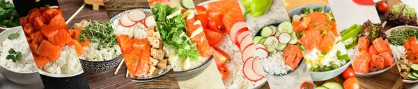 Set Poké Schalen Mit Gekochtem Reis Mariniertem Lachs Und Frischem — Stockfoto