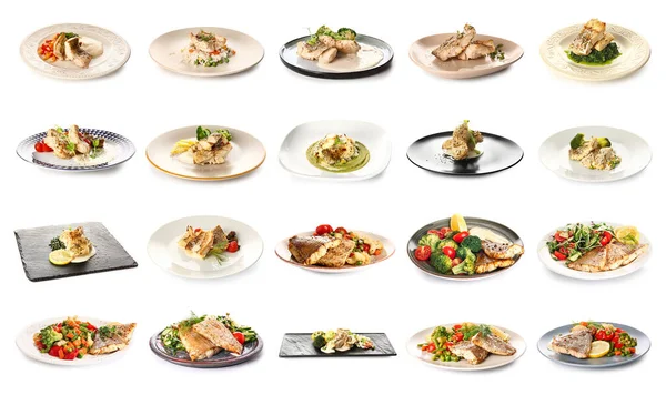 맛있게 대구를 접시들 과하얀 배경의 야채들 — 스톡 사진