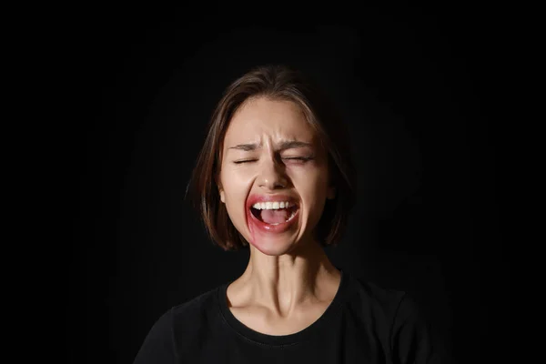 Bruised Young Woman Screaming Black Background Violence Concept — Stock Photo, Image