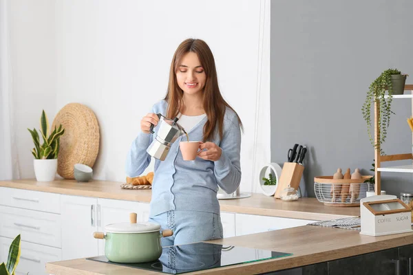 Pretty Young Woman Pouring Coffee Cup Kitchen — Stock Photo, Image