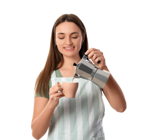 Jonge Vrouw Gieten Koffie Kopje Witte Achtergrond — Stockfoto