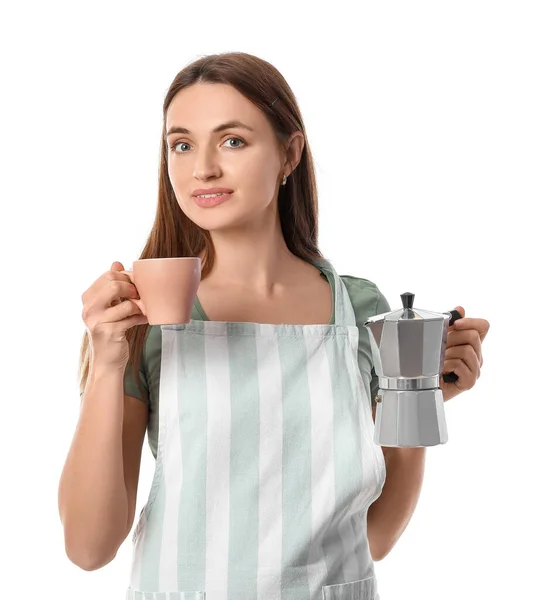Young Woman Coffee Maker Cup White Background — Stock Photo, Image