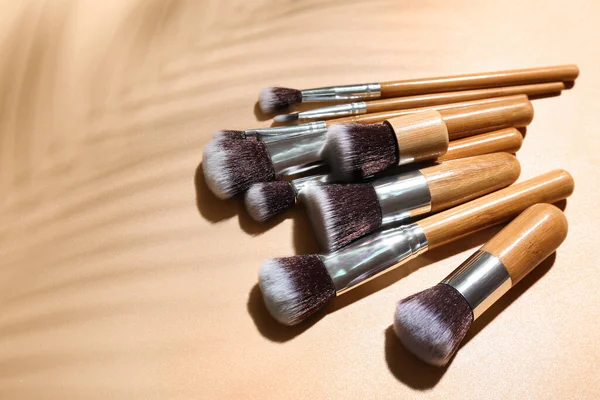 Set Wooden Makeup Brushes Palm Leaf Shadow Beige Background — Stock Photo, Image