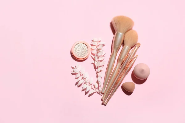 Make Borstels Met Sponzen Cosmetica Planten Takken Roze Achtergrond — Stockfoto