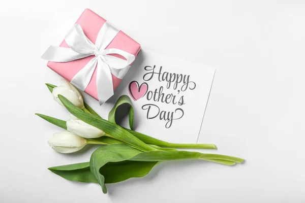 Card Text Happy Mother Day Tulips Gift Box White Background — стоковое фото