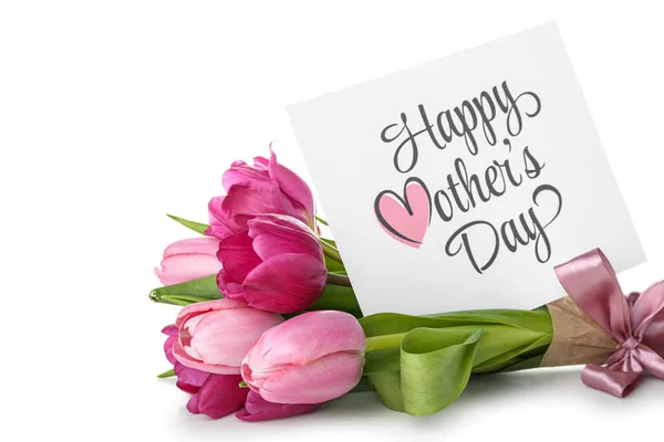 Wenskaart Met Tekst Happy Mother Day Roze Tulpen Witte Achtergrond — Stockfoto
