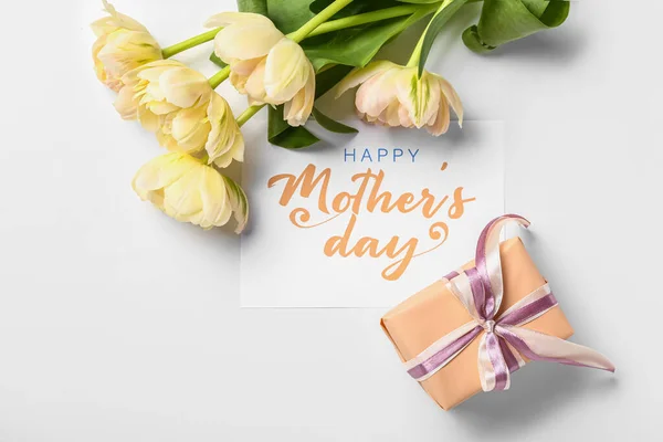 Card Text Happy Mother Day Yellow Flowers Gift Box White — Stock Photo, Image