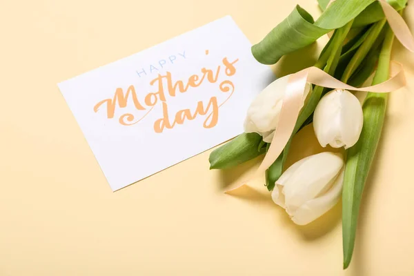 Card Text Happy Mother Day White Tulips Ribbon Beige Background — Stock Photo, Image