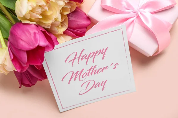 Card Text Happy Mother Day Bouquet Tulips Gift Box Pink — Stock Photo, Image