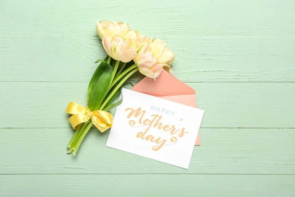 Carte Avec Texte Fête Mère Heureuse Enveloppe Fleurs Sur Fond — Photo