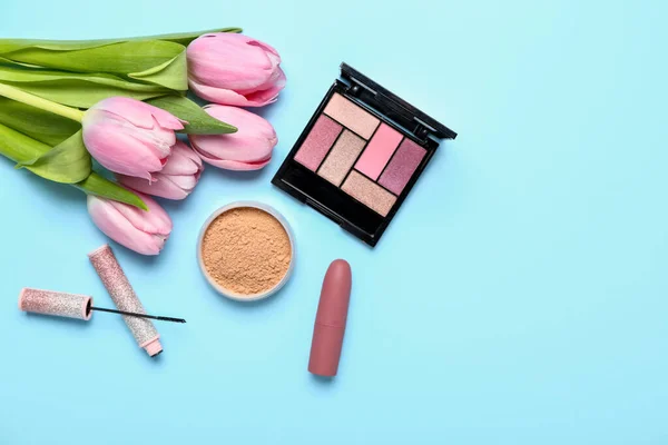 Bouquet Beautiful Pink Tulips Decorative Cosmetics Blue Background — Stock Fotó