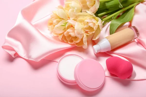 Bouquet Tulips Decorative Cosmetics Makeup Sponge Pink Background — Stock Photo, Image