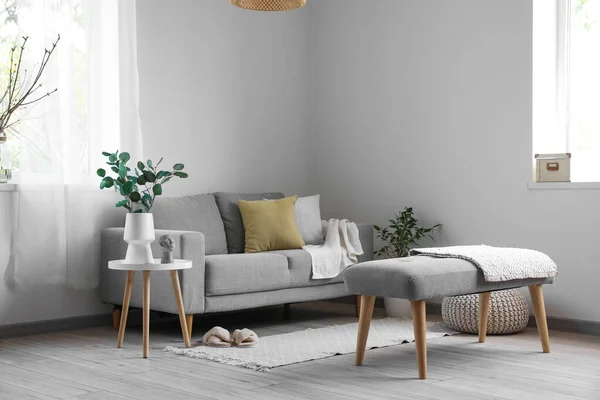 Interior Ruang Tamu Terang Dengan Bangku Lembut Sofa Dan Tanaman — Stok Foto