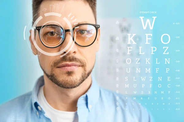 Collage Man Wearing New Glasses Eye Test Chart Concept Visiting — Stock Photo, Image