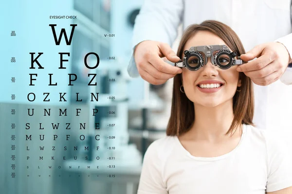 Collage with eye test chart and ophthalmologist examining young woman in clinic