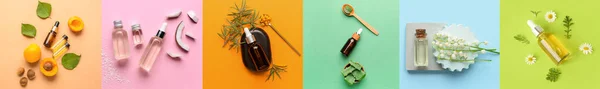 Collage Con Oli Essenziali Ingredienti Sfondo Colorato Vista Dall Alto — Foto Stock