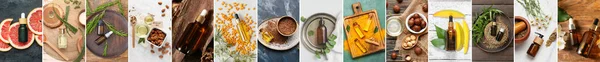 Collage Met Verschillende Essentiële Oliën Ingrediënten Bovenaanzicht — Stockfoto