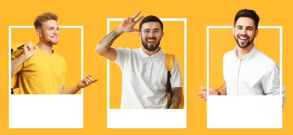 Collage Stylish Young Men Looking Out Frame Yellow Background — Stock Photo, Image