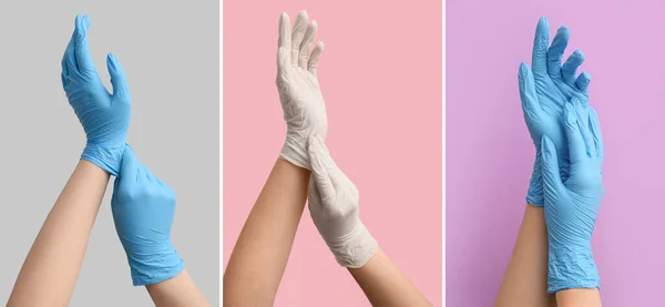 カラフルな背景に医療用手袋の手のセット — ストック写真