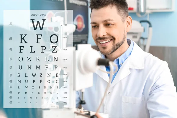 Collage Con Tabla Pruebas Oculares Oftalmólogo Examinando Paciente Clínica —  Fotos de Stock