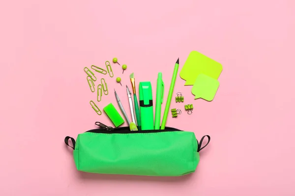 Green Pencil Case Paper Clips School Stationery Pink Background — Stock Photo, Image