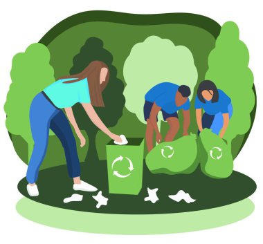 İnsanlar dışarıda çöp topluyor. Geri dönüşüm kavramı