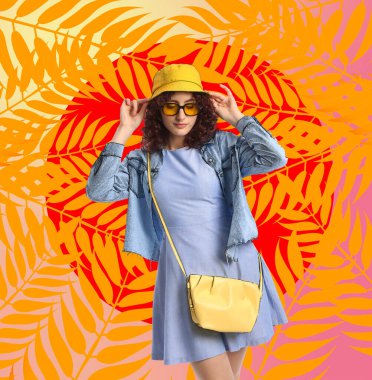 Güzel ve şık bir bayanla yaz kolajı.