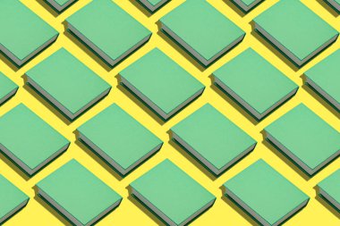 Sarı arka planda bir sürü yeşil kitap var. Tasarım için desen