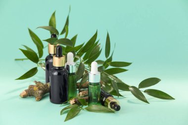 Turkuaz arka planda doğal serumlar, ağaç dalları ve bitki yaprakları.