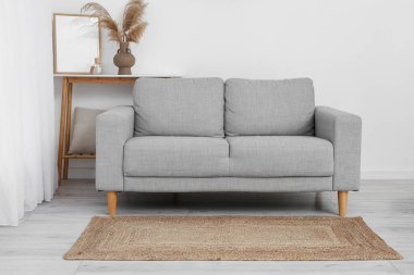 Gri kanepeli oturma odasının içi.