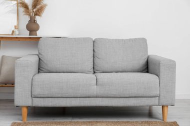 Gri kanepeli oturma odasının içi.