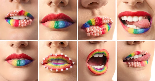 Kolaż Wieloma Tęczowymi Kobiecymi Ustami Zbliżenie — Zdjęcie stockowe