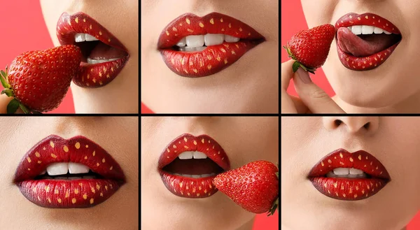 美丽的年轻女子有着不同寻常的嘴唇的学院 她正在吃草莓 特写镜头 — 图库照片