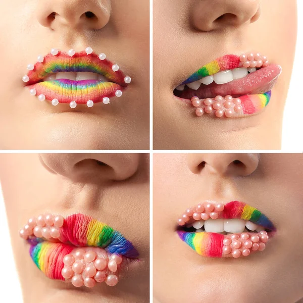 Kolaż Pięknymi Tęczowymi Kobiecymi Ustami Zbliżenie — Zdjęcie stockowe