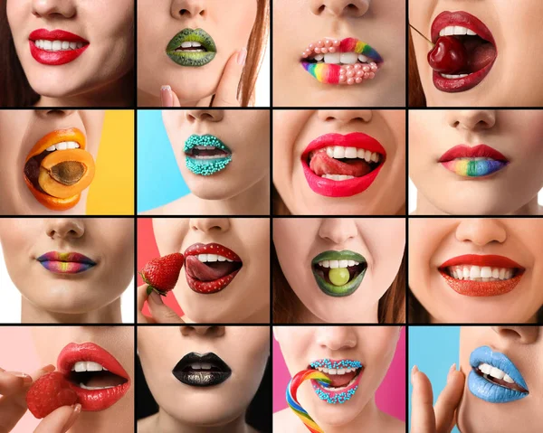 Collage Con Hermoso Maquillaje Brillante Labios Femeninos Primer Plano —  Fotos de Stock