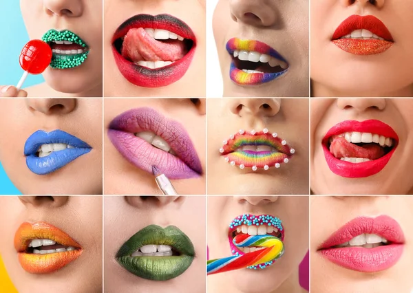 Colagem Com Bela Maquiagem Criativa Lábios Femininos Close — Fotografia de Stock