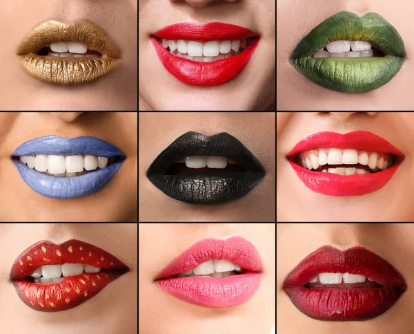 Collage Con Hermosos Labios Femeninos Coloridos Primer Plano —  Fotos de Stock