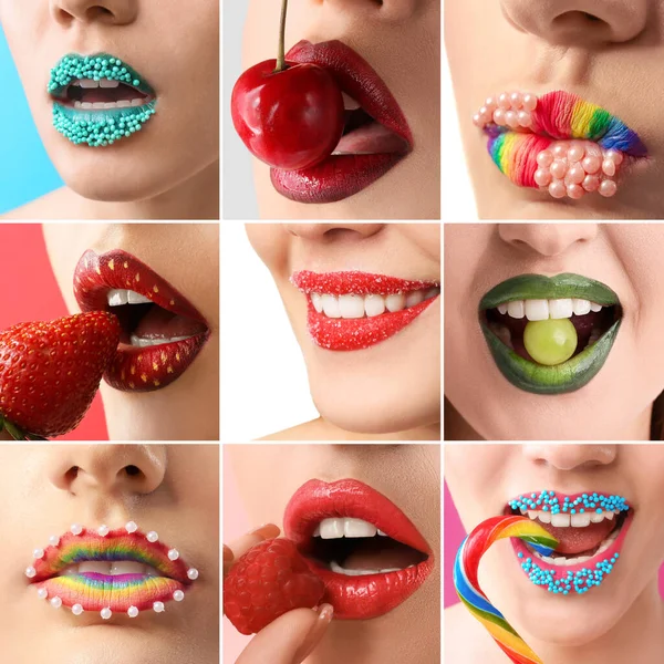 Collage Con Hermoso Maquillaje Creativo Labios Femeninos Primer Plano —  Fotos de Stock