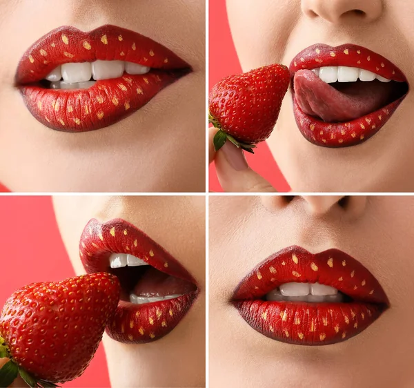 Collage with beautiful strawberry female lips, closeup