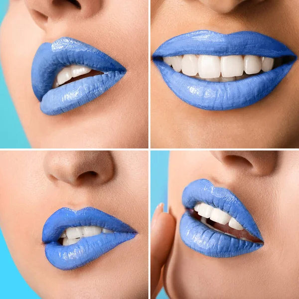 Set Beautiful Young Woman Unusual Blue Lips Closeup — Stock Photo, Image